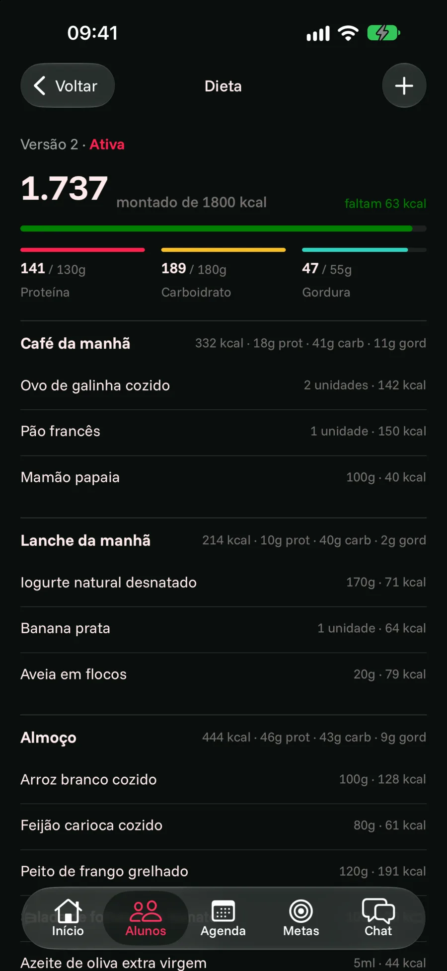 Dieta montada pelo personal: 1.737 de 1.800 kcal, com proteína, carboidrato e gordura e as refeições com os alimentos